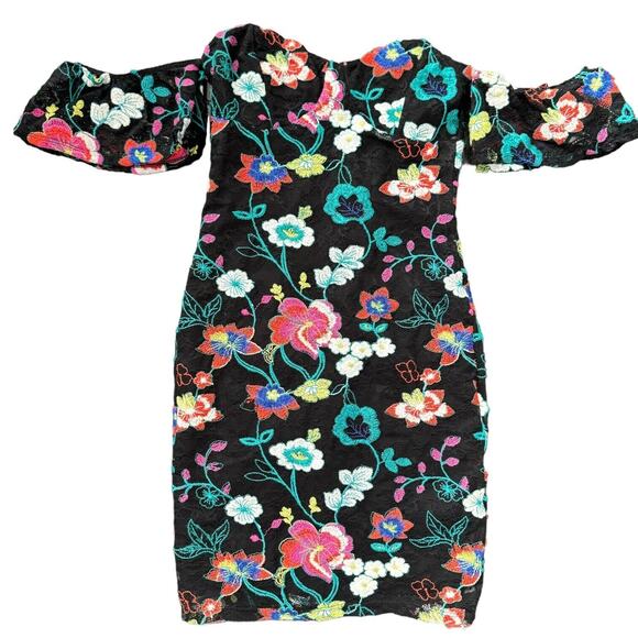 Lulus Hot Tropics Black Lace Embroidered Off-the-Shoulder Dress Small - Picture 2 of 7